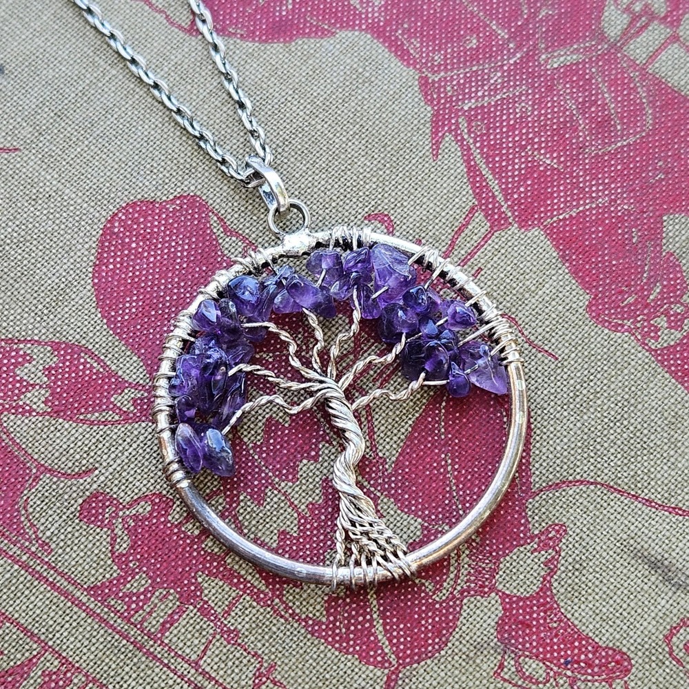 Amethyst Tree of Life Pendant Necklace Silver Tone Wire Wrapped Purple Stone